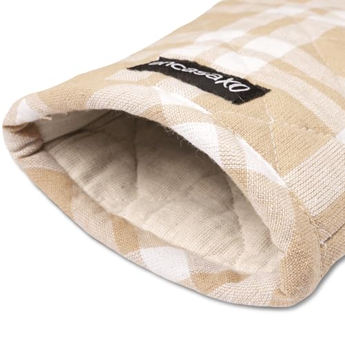 Image of Encasa XO Oven Gloves for Microwave (2 pc Set) - Heat Proof, Thick & Safe | Longer 18x30 cm Mittens for Protection in Kitchen Cooking & Baking - Franca Beige Checks
