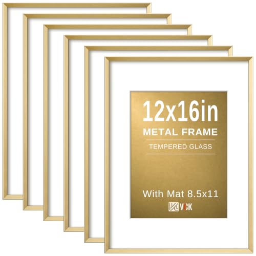 Image of VCK 12x16 Gold Metal Picture Frame 6 Pack, Aluminum Frame with Tempered Glass, Fits 8.5x11 with Mat and 12x16 Without Mat, Vertical Horizontal Wall Mount