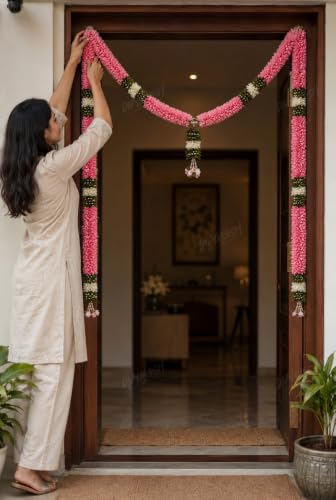 Image of Divyakosh Thorana Set (with Side Hanging), Toran for Main Door Entrance, Fabric, Handmade, Pink & White Floral Banderwal, Big Size, Width 3.5 FT & Height 4 FT
