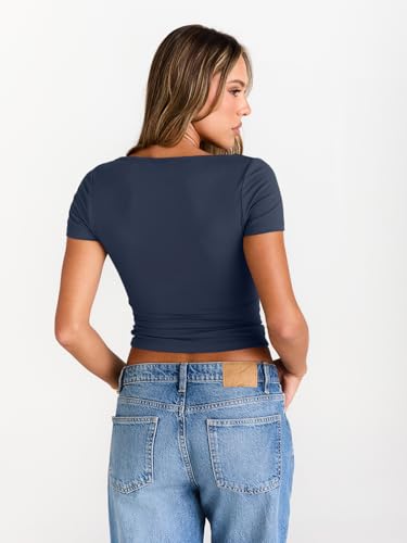 Image of Trendy Queen Womens Boat Neck Tops Short Sleeve Shirts | Compression Basic Tops,Y2K Aesthetic Slim Fit,Professional Business Casual, Polished Teacher Outfits