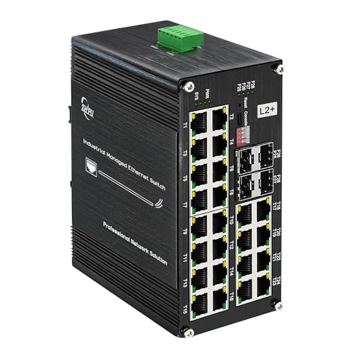 Image of Industrial L2+ Managed 24 Port PoE Ethernet Switch with 4 SFP Slot, Gigabit Networking Switch with IPv4 /IPv6 Management and DIP Switch, Supporting Din-Rail