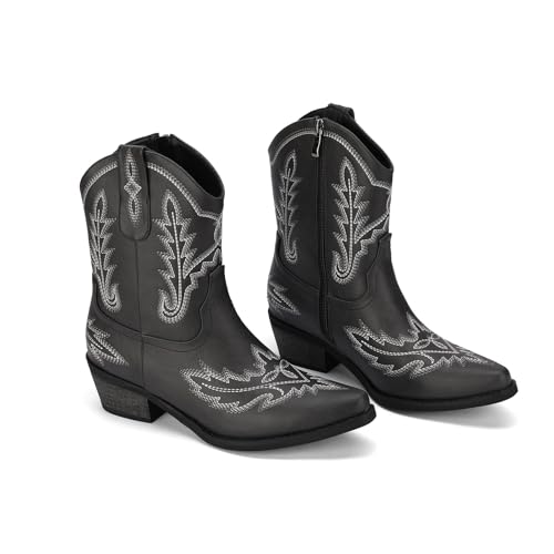 Image of Western Cowboy Boots for Women Rhinestone Cowgirl Boot with Low Block Heel Embroidery Sparkly Short Ankle Booties Walking Bootie for Country Concert Disco Outfits