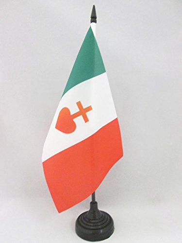 Drapeau De Table France Sacré Cœur De Jésus - 21x14 Cm - Hampe 25 Cm + Socle Noir - 100% Polyester