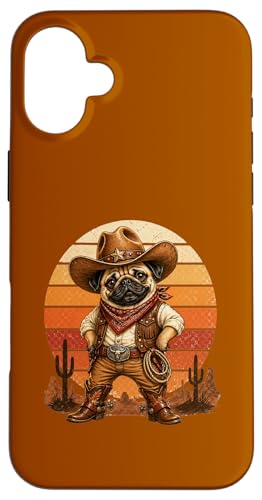 Funny Pug Cowboy �E�G�X�^�� ���g�� �T���Z�b�g �ۈ��� �p�O�D�� �X�}�z�P�[�X iPhone 16 Plus �p