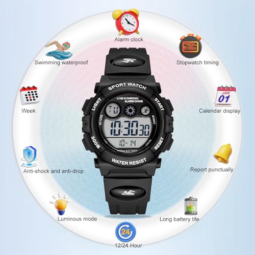 Image of GOLDEN HOUR Watches for Kids Digital Sport Waterproof Boys Girls Watch Outdoor 12 /24 H Alarm EL Backlight Stopwatch Military Child Wristwatch Ages 3-15