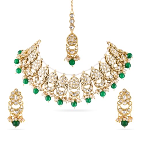 Image of Rubans Necklace Maangtikka Set Gold Plated Kundan & Pearl Jewellery Gift for Women & Girls