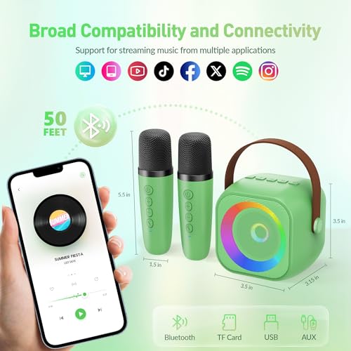 Image of Mini Karaoke Machine：Portable Bluetooth Karaoke Microphone, Singing Speaker with 2 Wireless Mic and Light Kids Adults, Christmas Birthday Gifts for Girls Boys Family Home Party(Green)