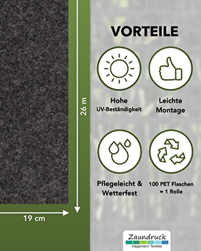 Zaundruck Sichtschutzstreifen aus Techno-Vlies - nachhaltiger Sichtschutz für Doppelstabmattenzaun - hochwertiger Windschutz 26 m x 19 cm - Sichtschutz-Rolle - Florenz (Grau)
