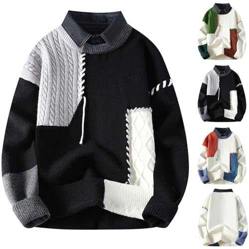 Cambkatl Men's Color Block Lapel Collar Sweaters Fashion Patchwork Loose Cable Knit Pullovers Long Sleeve Jumper Tops2