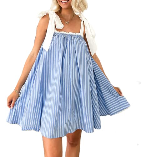 Image of Women Floral Tie Shoulder Mini Dress Cute Square Neck Loose Fit Beach Short Dress Backless Boho Vocation Sundress