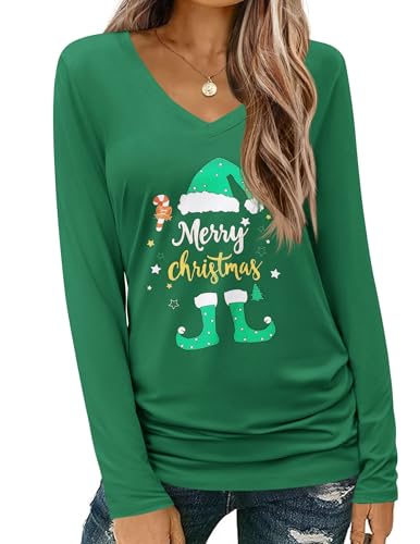 Cicy Bell Damen Weihnachtsshirt Langarm V-Ausschnitt T-Shirt Christmas...