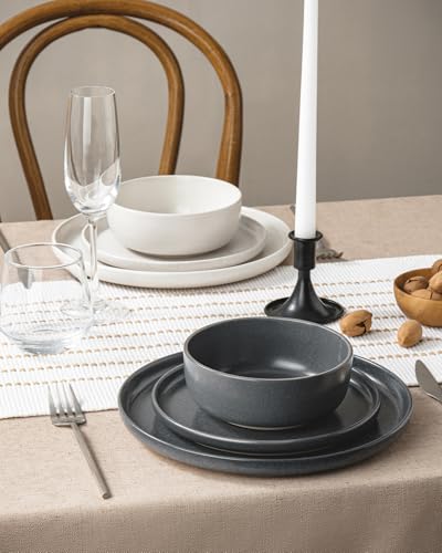 Image of Famiware Milkyway Plates and Bowls Sets, 12 Pieces Dinnerware Sets, Reactive Glaze Dish Set, Stoneware Dishes Set for 4, Matte Beige White & Matte Dark Charcoal
