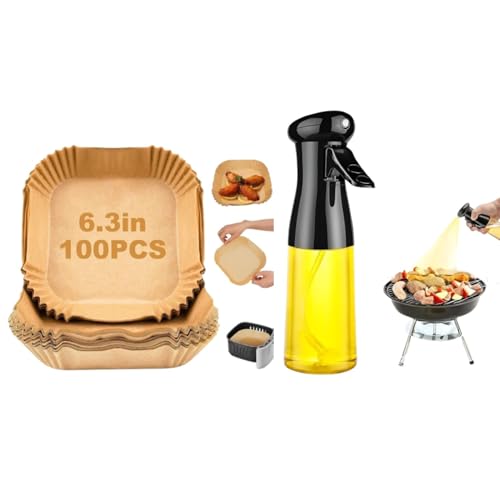Image of Airfryer Papers Disposable 100PCS,Air Fryer, Baking, Roasting Microwave,Non-Stick Airfryer Parchment Paper,Olive Oil Sprayer and Dispenser Bottle for Kitchen (Airfryer Papers 100 pcs,Oil Spray Bottle)