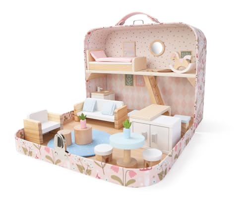 Bubblat Kids Casa de Muñecas Maletín | Maleta de Madera Portátil con 22 Accesorios | Casa de Dos Plantas con Muebles | Juguete Educativo para Niñas y Niños | A partir de 3 Años