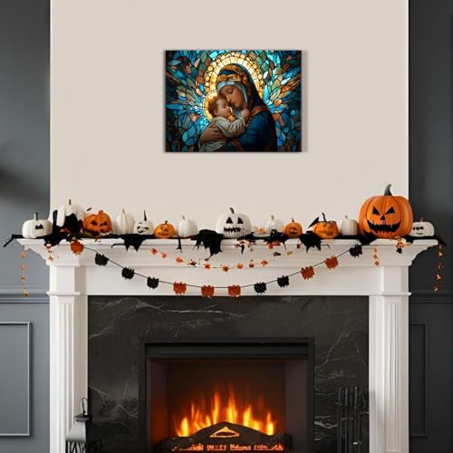 Image of Virgin Mary Wall Art for Living Room Our Lady Hold Baby Jesus Pictures Wall Decor Retro Abstract Guadalupe Canvas Prints Spiritual Catholic Painting Artwork Bedroom Church Home Decorations 12x16 inch