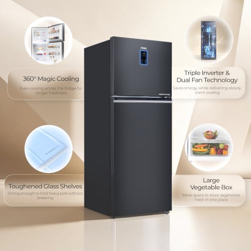 Image of Haier 328 L 2 Star Frost Free Triple Inverter Double Door Refrigerator with Digital Touch Display & Spacious Fresh Zone (HEF-332GBLA-P, GE Black, 10 In 1 Convertible Modes, 2026 Model)