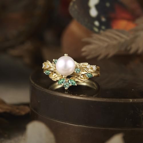 Natural White Pearl Engagement Ring Set for Women - Gold Pearl Rings for Women 10K 14K 18K Wedding Birthday Anniversary Jewelry Gifts for Mom Women (AAA Quality)4