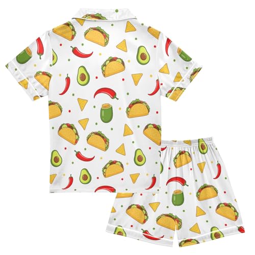Satin Pajama Sets Short Sleeve Yummy Mexican Food Pattern Button Down Silky Nightwear 2 Piece PJS 5-14Y2