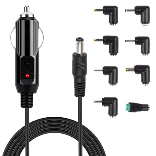 36W Chargeur de Voiture Universel, 1.2m 12V 3A Chargeur Allume-Cigare Universel DC 5.5 x 2.1mm avec 8 Connecteurs 90° pour Lecteur GPS DVD Bande LED...