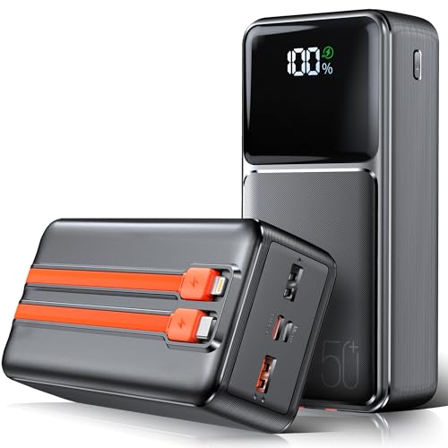 50000mAh Power Bank 25W Ricarica Rapida, Powerbank con 2 Cavi Integrati, Display Digitale, 7 Uscite, Torcia LED, Caricabatterie Portatile per Cellulare, Tablet, Viaggi ed Emergenze (Black-Orange)