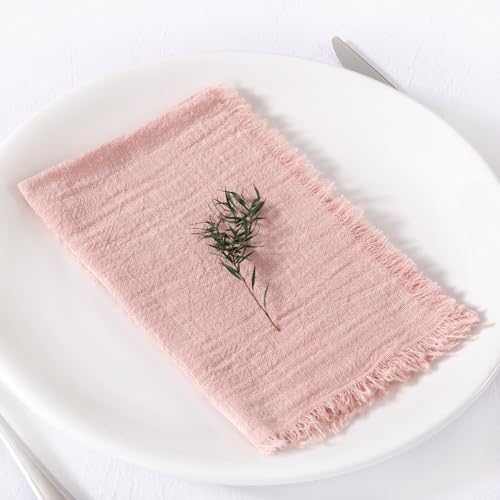 Image of MLMC 10 Pack Dusty Pink Cloth Napkins with Fringe Boho Linen Napkins Washable Reusable Rustic Dinner Table Decor 17 inchx17 inch for Wedding Party Bridal Baby Shower Home Decor