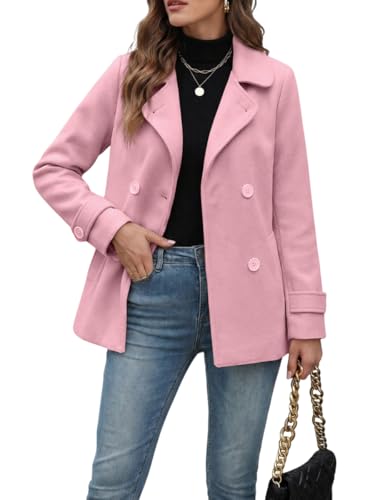 Image of IDEALSANXUN Pea Coats for Women Fall Winter Double Breasted Fashion Wool Coats Jackets Trench Coat, Pink, M