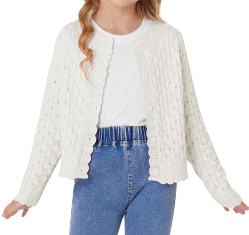 GRACE KARIN Mädchen Pullover Kinder Lässiges Lange Ärmel Rundhals Knitted Cardigan mit Mustertextur Elfenbeinweiß L