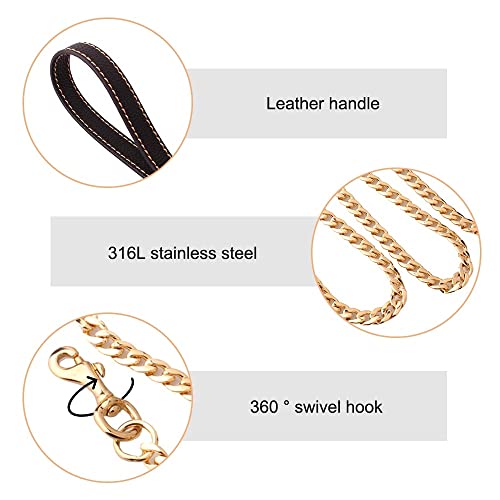 Hundeleine Kette, 1,3m/4ft Metall Hunde Übungsleine, Trainingsleine mit PU-Leder Griffe für Kleine Mittlere Große Schwere Hunde