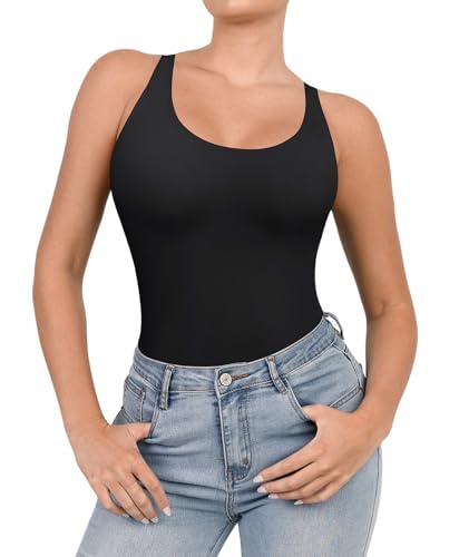 Popilush Shapewear Bodysuit for Women Round Neck Sleeveless T Shirt Tank Tops Thong Bodysuits Jumpsuits