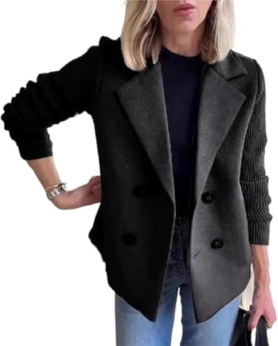 Abrigo casual de punto con botones de solapa para mujer, manga de retazos, abrigo recortado, suéter blazer de doble botonadura para mujer, Negro, S