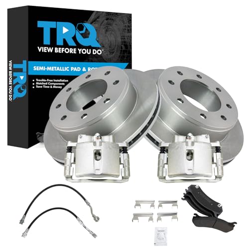 Image of TRQ Rear Brake Pad and Rotor Kit Semi-Metallic Compatible with 2002 Chevrolet Silverado 1500 HD 1999-2001 Silverado 2500 2001 2500 HD GMC Sierra 1500 Sierra