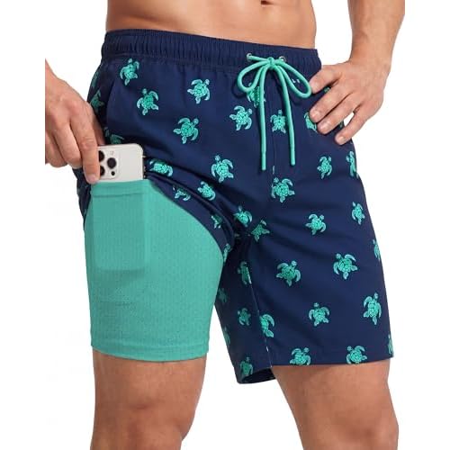 7 Inch Men Swim Trunks with Compression Breathable Liner Quick Dry Zipper Pockets for Pool Board Beach Cruise