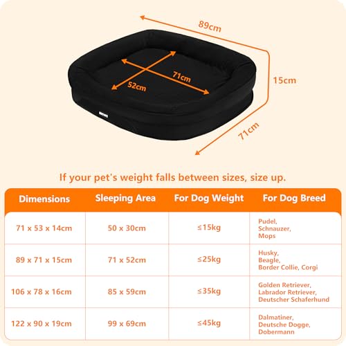 HMTOPE Orthopädisches Hundebett, Hundesofa, Vierseitiges Nackenrolle Kissen, rutschfeste Unterseite Hundekorb, Abnehmbar und Waschbar, Kleine Hunde, Mittelgroße Hunde, 90 x 71 x 15 cm, Schwarz