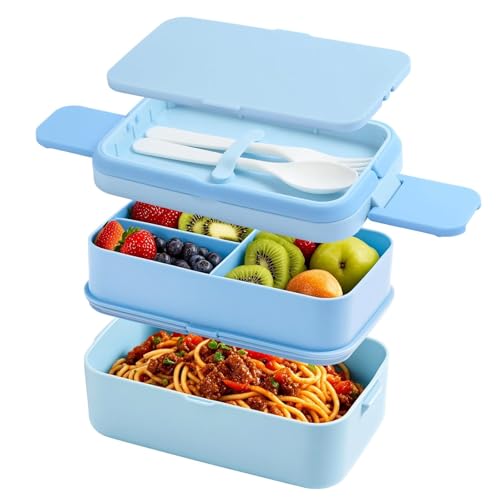 SGAONSN Lonchera Bento de 1960 ml, cajas Bento apilables 2 en 1, 2 capas, 4 compartimentos, a prueba de fugas, para adultos y niños, caja de aperitivos con compartimentos para escuela, oficina