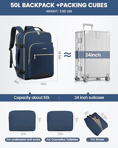 Image of LOVEVOOK 50L Travel Backpack Flight Approved Carry on Backpack,3 Packing Cubes,Waterproof Personal Item Travel Bag,TSA Carry on Luggage Suitcase Travel Essentials,Gifts for Women & Men,fits 18 inch Laptop