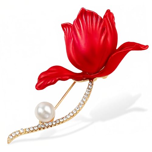 Image of Red Rose Brooch for Women - Elegant Costume Jewelry Pin for Dresses, Hats & Scarves
