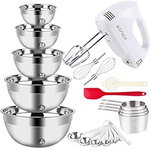 5-Speed Electric Hand Mixer, 5 Large Mixing Bowls Set, Handheld Mixers with Whisks Beater, Stainless Steel Metal Nesting Bowl Measuring Cups Spoons Kitchen Cake Blender for Prep Baking Supplies