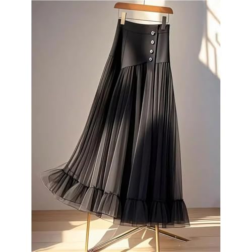 Women's High Waist Pleated Skirt A-line Patchwork Net Yarn Vintage Long Dress Casual Maxi Skirts4