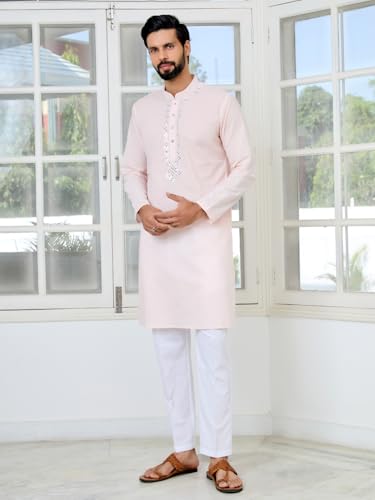 Image of See Designs Men's Full Sleeve Mandarin Collar Ethnic Motifs Embroidered Sequinned Mandarin Collar Straight Long Kurta with Pyjama - Festive Collection