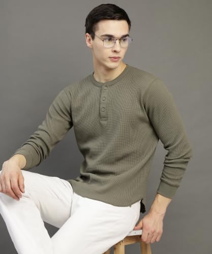 Image of Alan Jones Clothing Men's Regular Fit Waffle Henley Neck Long Sleeve T-Shirt | Cotton Waffle Knit | Casual Full Sleeve Top | Sizes S to 3XL