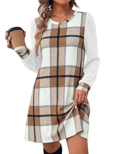 OFEEFAN Womens Long Sleeve Tunic Dresses 2026 Sweater Dress Fall Winter Brown Grid S