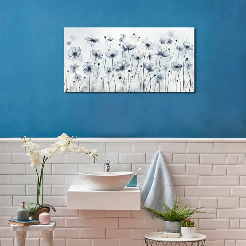 Image of VEAEE Framed Flowers Canvas Wall Art - Indigo Floral Canvas Pictures, Living Room Wall Decor, Botanical Canvas Prints Painting Abstract Artwork Bedroom Office Home Decor 20 inchx 40 inch