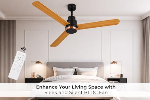 Image of BLDC Premium Range Ingenio 1200mm (48 Inch) Ceiling Fan, 32W Energy Efficient Motor, 350 RPM Performance, 220 CMM Air Delivery, Remote Control Included (Golden Oakwood)