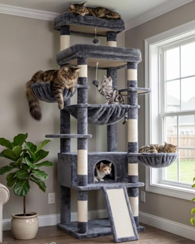 Image of Hey-brother Cat Tree Tower, Scratching Posts with Extra Large Platform and Basket, Specious Condo, 2 Cozy Hammocks, Scratch Board for Indoor Adult Cats, Maine Coon 71.7 inches, Smoky Gray MPJ080G