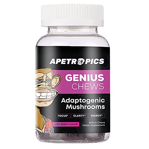 Apetropics Genius Chews - Brain Gummies with Lions Mane Cordyceps Reishi and Turkey Tail Mushroom - Immune Support and Nootropic Brain Supplement - Very Berry Flavor - 30 Fruit Chews