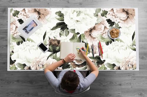Tapis de Souris Imperméable et Antidérapant XXL 120x60 cm Motif Fleuri Pivoines