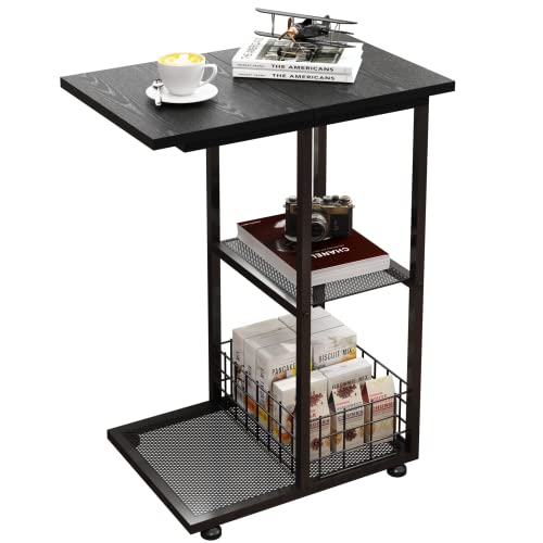 Nongshim Snack Side Table, C Shaped Table End Table With Storage Basket, Sofa Table With Metal Frames, Small Snack Tables For Living Room, Bedroom, Black #TOP24