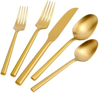 DEACORY Matte Gold Hexagon Flatware Set Matte Finished Cutlery Set Stainless Steel Silverware Set 20 Pieces Home Hotel Restaurant Use Wedding Service for 4