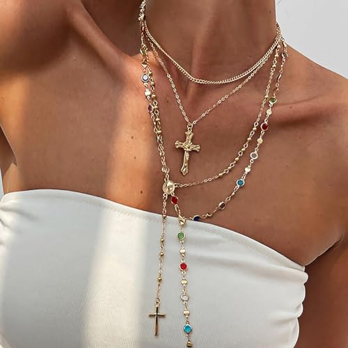 Layered Cross Lariat Necklace, 18K Gold Plated Long Pendant Chain for Women Dainty Stackable Jewelry Gift for Everyday Wear4