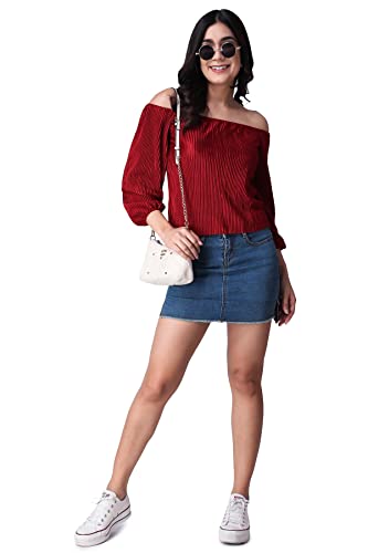 Image of POPWINGS Casual Wrinkle Off Shoulder Crop Top for Women - Designer Stylish Western Full Sleeves